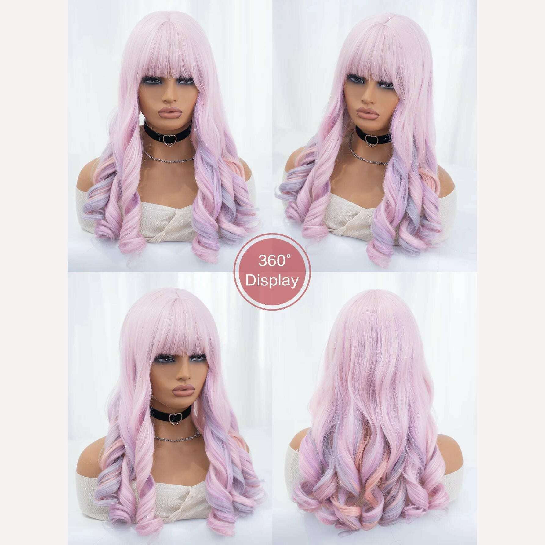 22Inch Cherry Blossom Pink Color Synthetic Wigs With Bang Long Natural Curly Hair Wig For Women Cosplay Party Heat Resistant - KIMLUD