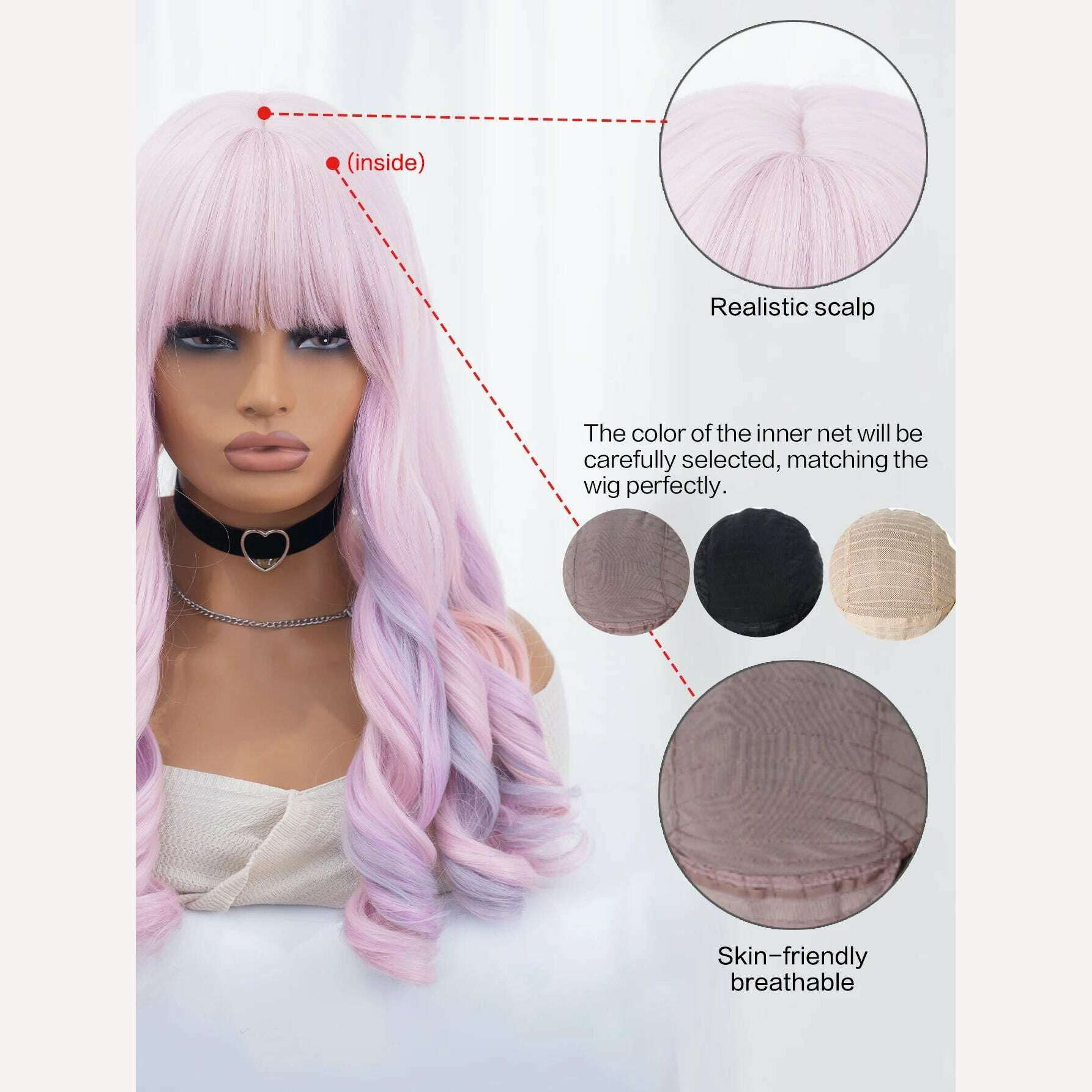 22Inch Cherry Blossom Pink Color Synthetic Wigs With Bang Long Natural Curly Hair Wig For Women Cosplay Party Heat Resistant - KIMLUD