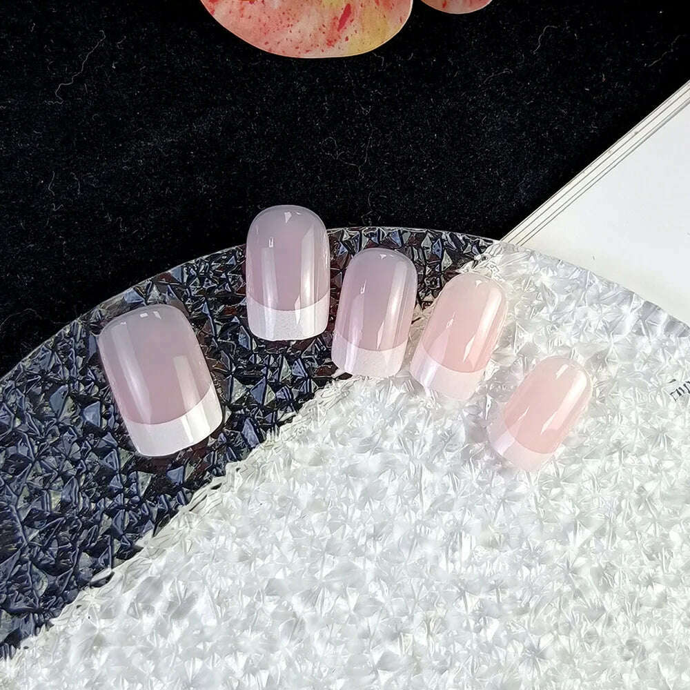 KIMLUD, 24 Pcs Glossy Medium Square Press On Nails Pink French Style False Nails Artificial Finger Manicure Reusable False Nails, KIMLUD Womens Clothes
