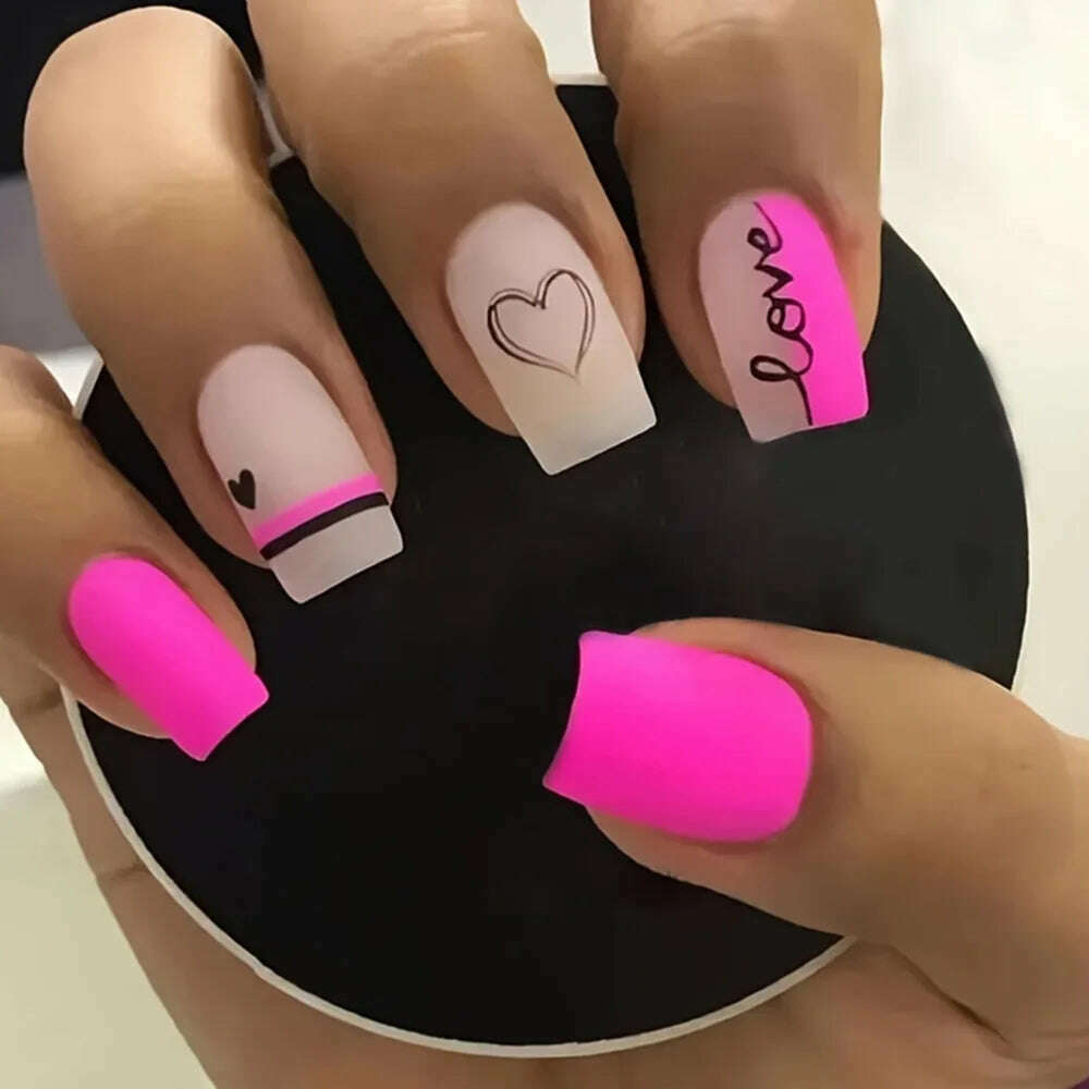 KIMLUD, 24 Pcs Glossy Medium Square Press On Nails Pink French Style False Nails Artificial Finger Manicure Reusable False Nails, Pink2, KIMLUD Womens Clothes