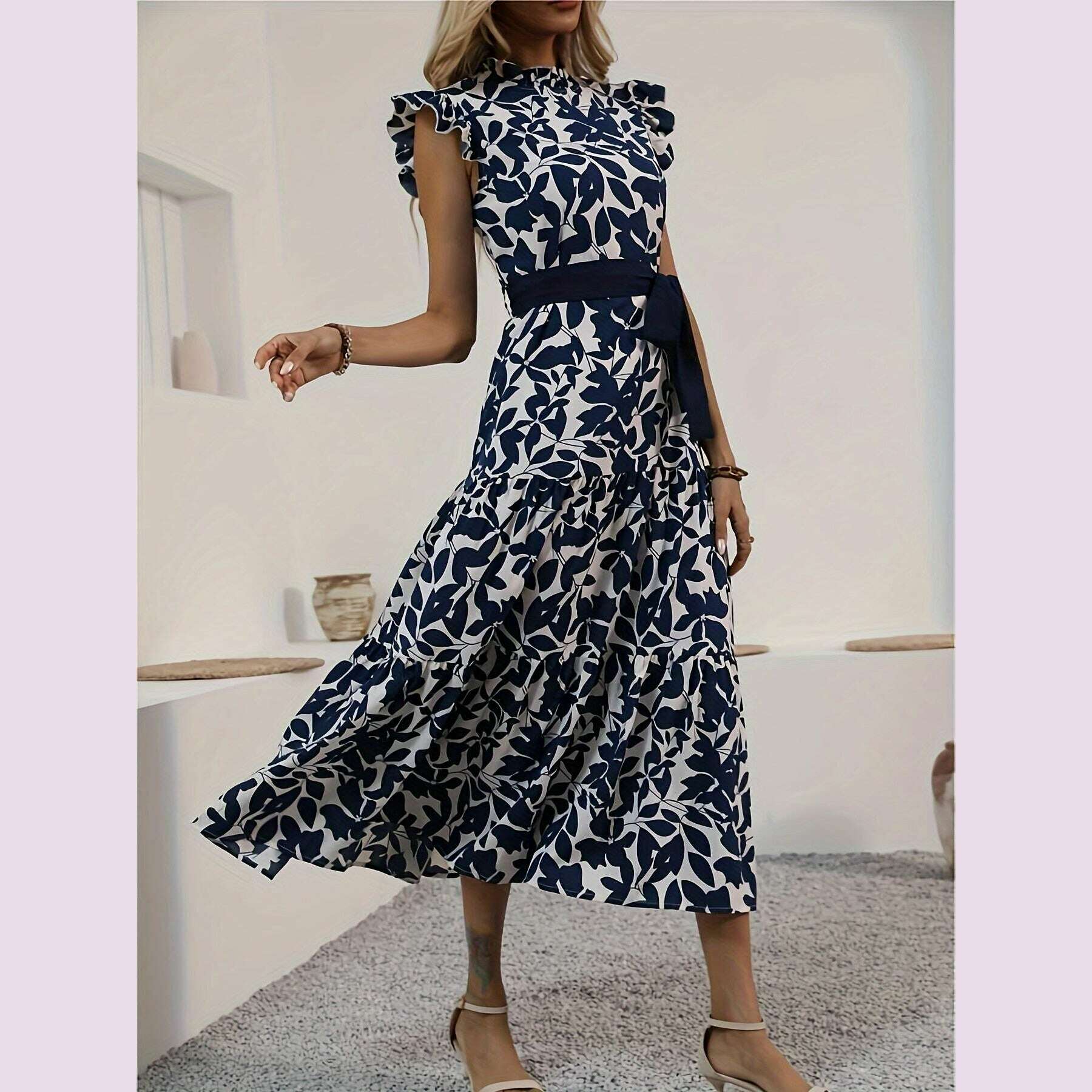 stunning-floral-print-fit-and-flare-dress---elegant-contrast-collar-belted-waist-polyester-material-random-printing-middle-east-style-perfect-for-summer---womens-clothing-for-adultkimlud-womens-fashion-34625611
