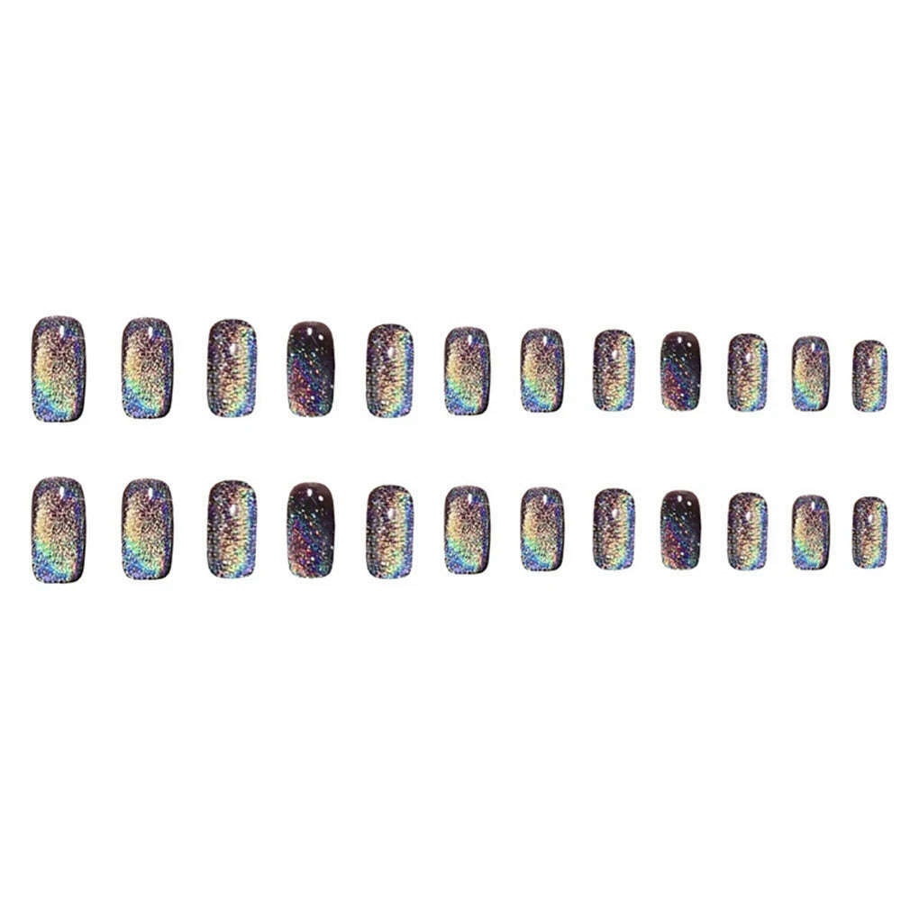 24pcs Aurora False Nail Cat Eye Black Fake Nail Full Cover Glitter Coffin Press on Nail Bride Lady Manicure Acrylic Nail Tip - KIMLUD