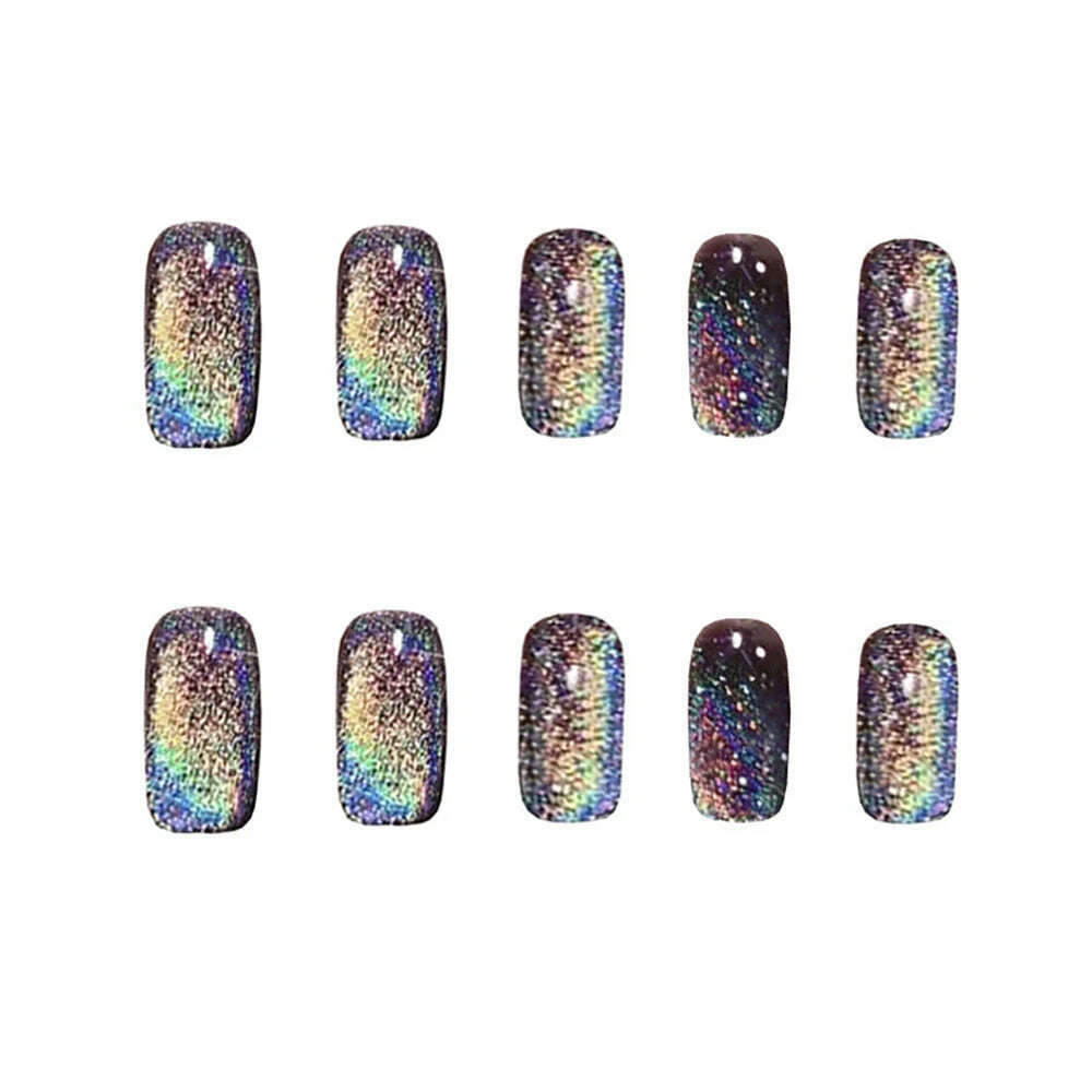 24pcs Aurora False Nail Cat Eye Black Fake Nail Full Cover Glitter Coffin Press on Nail Bride Lady Manicure Acrylic Nail Tip - KIMLUD