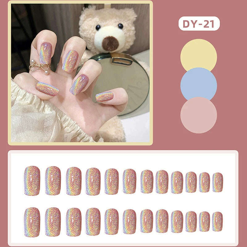 24pcs Aurora False Nail Cat Eye Black Fake Nail Full Cover Glitter Coffin Press on Nail Bride Lady Manicure Acrylic Nail Tip - KIMLUD