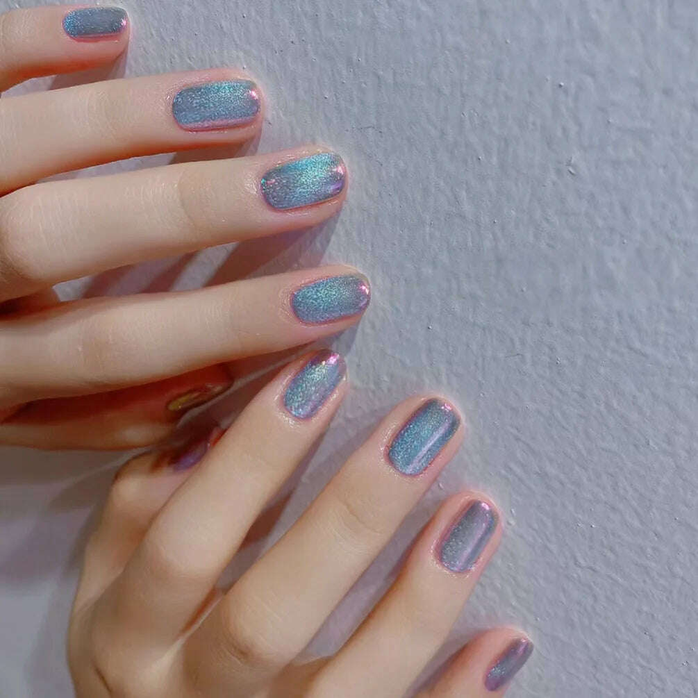 24pcs Aurora False Nail Cat Eye Black Fake Nail Full Cover Glitter Coffin Press on Nail Bride Lady Manicure Acrylic Nail Tip - KIMLUD