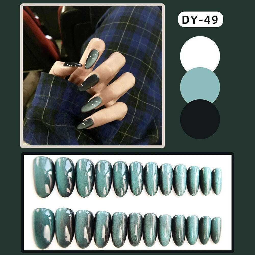 24pcs Aurora False Nail Cat Eye Black Fake Nail Full Cover Glitter Coffin Press on Nail Bride Lady Manicure Acrylic Nail Tip - KIMLUD