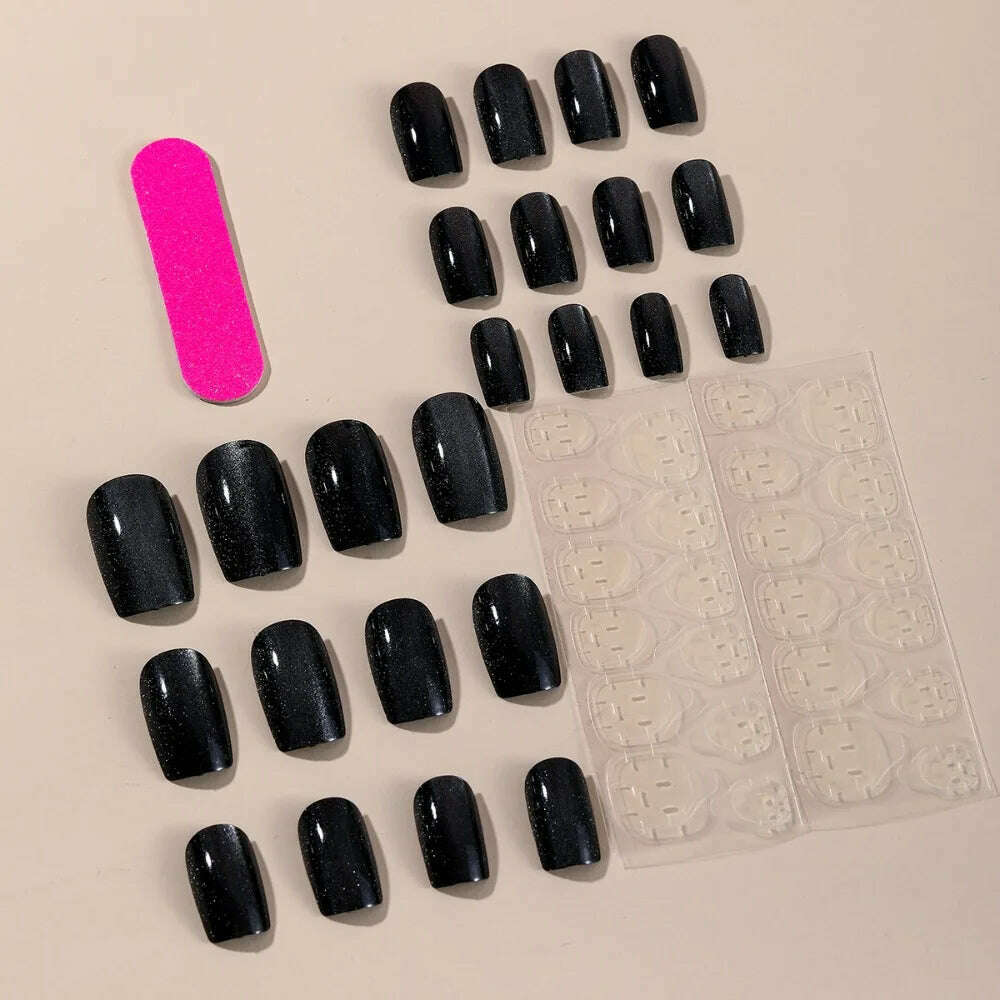 24pcs Cat's Eye Fake Nails Valentine's Day Square Head French Ballet Nail Press on Nails Waterproof Faux Fingernails - KIMLUD