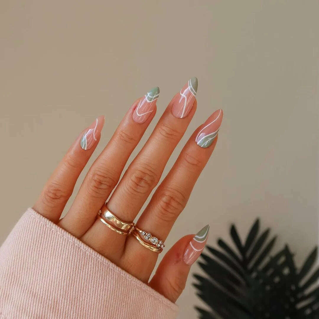 24pcs Light Green Stripe Gradient Wearing Fake Nails Seamless Removable Full Cover Long False Nails Press On Nails With Designs - KIMLUD