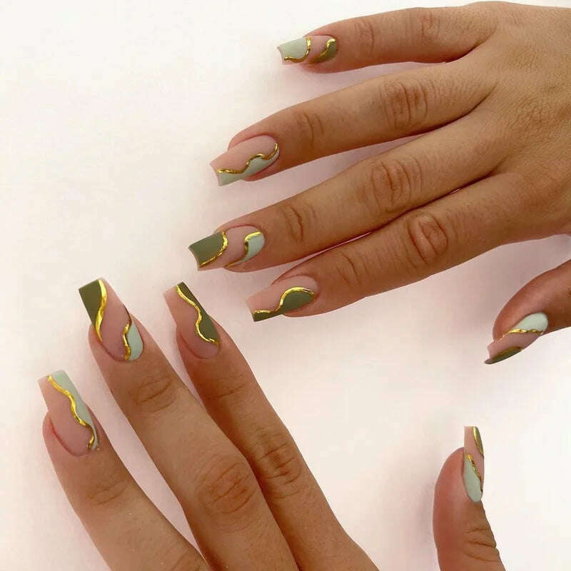 24pcs Light Green Stripe Gradient Wearing Fake Nails Seamless Removable Full Cover Long False Nails Press On Nails With Designs - KIMLUD