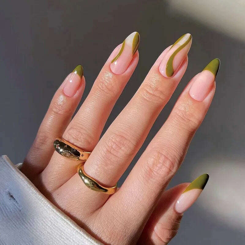 24pcs Light Green Stripe Gradient Wearing Fake Nails Seamless Removable Full Cover Long False Nails Press On Nails With Designs - KIMLUD