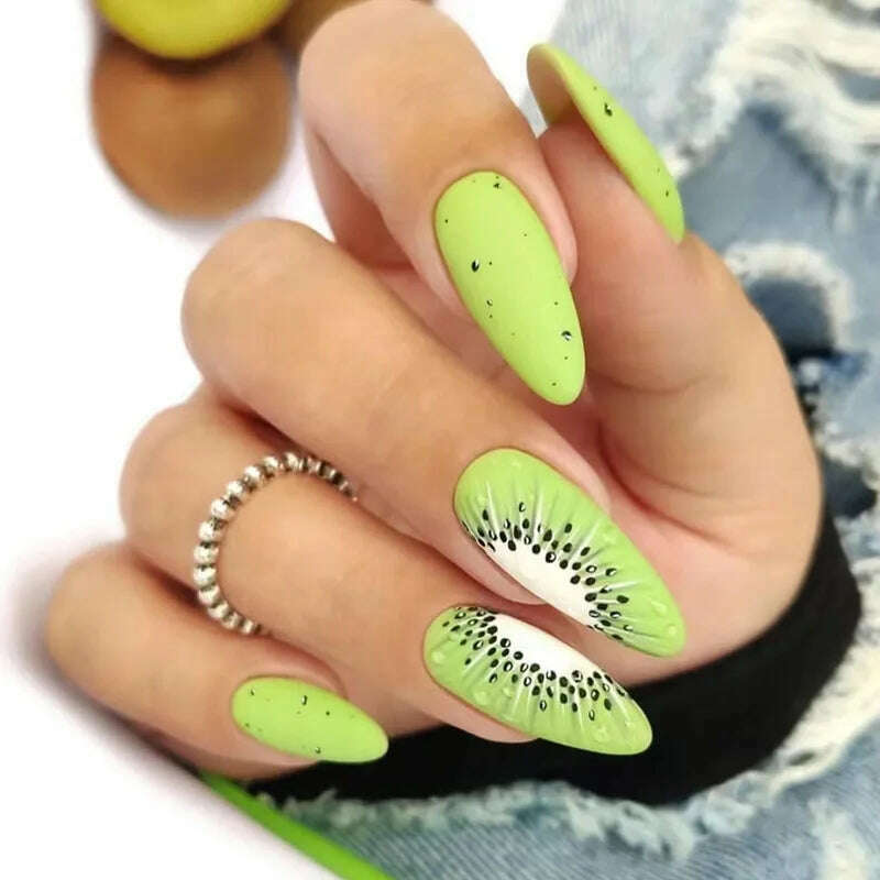 24pcs Light Green Stripe Gradient Wearing Fake Nails Seamless Removable Full Cover Long False Nails Press On Nails With Designs - KIMLUD