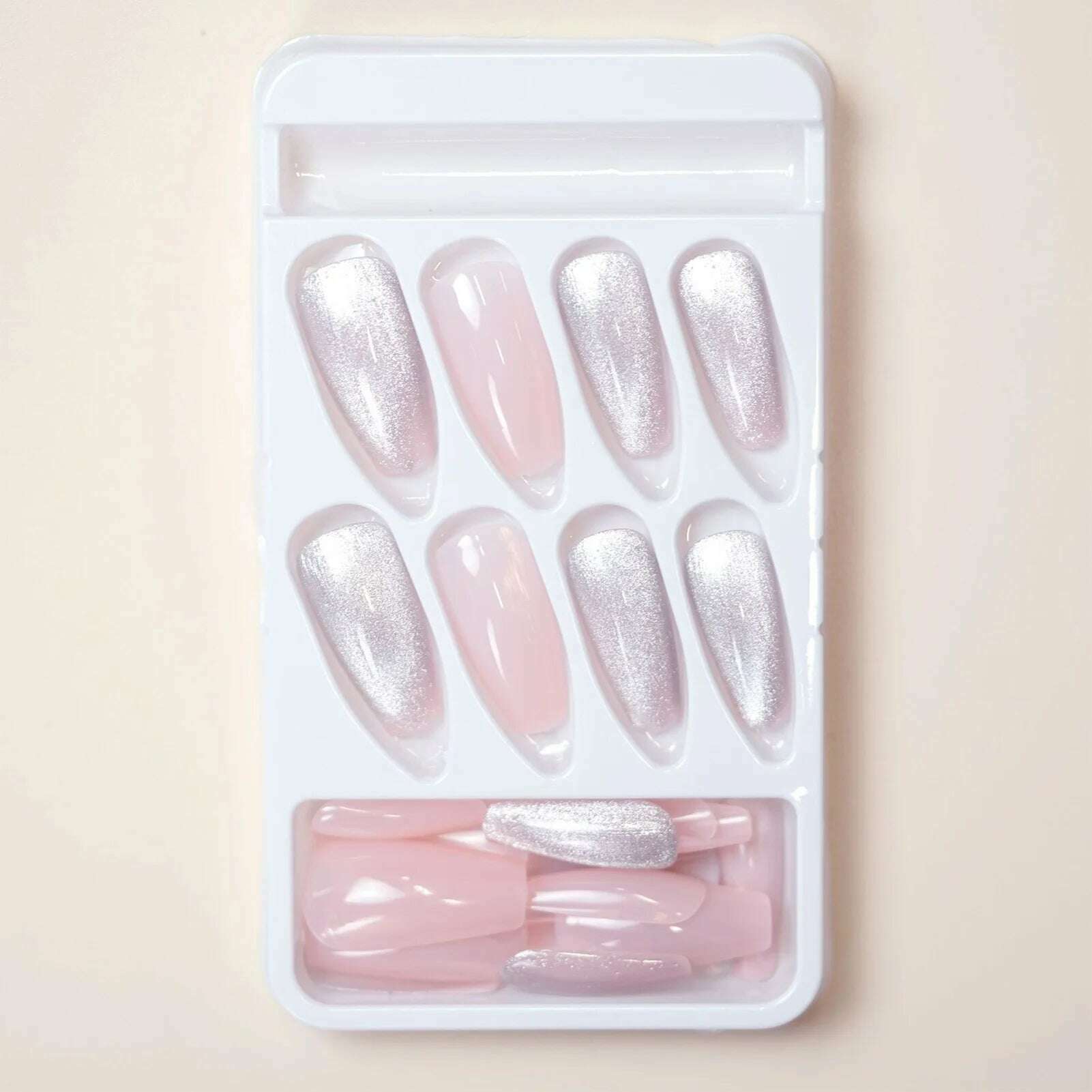24pcs Pink Cat-Eyes Fake Nails Shiny Glitter Sweet Long Coffin False Nail Patch Lady Women Wearable Detchable Artificial Nails - KIMLUD