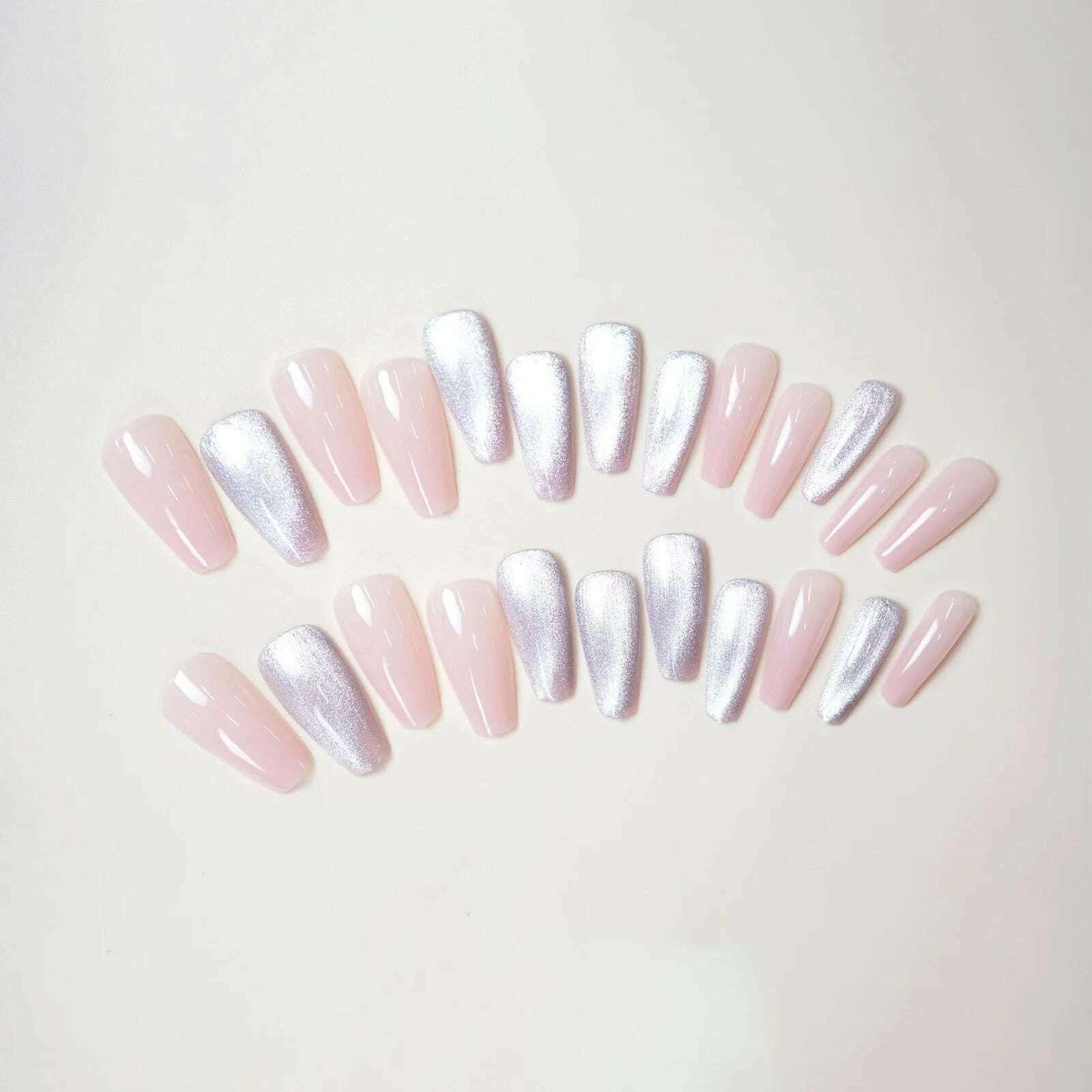 24pcs Pink Cat-Eyes Fake Nails Shiny Glitter Sweet Long Coffin False Nail Patch Lady Women Wearable Detchable Artificial Nails - KIMLUD