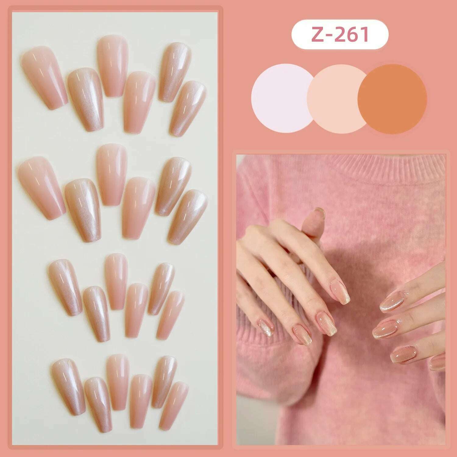 24pcs Pink Cat-Eyes Fake Nails Shiny Glitter Sweet Long Coffin False Nail Patch Lady Women Wearable Detchable Artificial Nails - KIMLUD