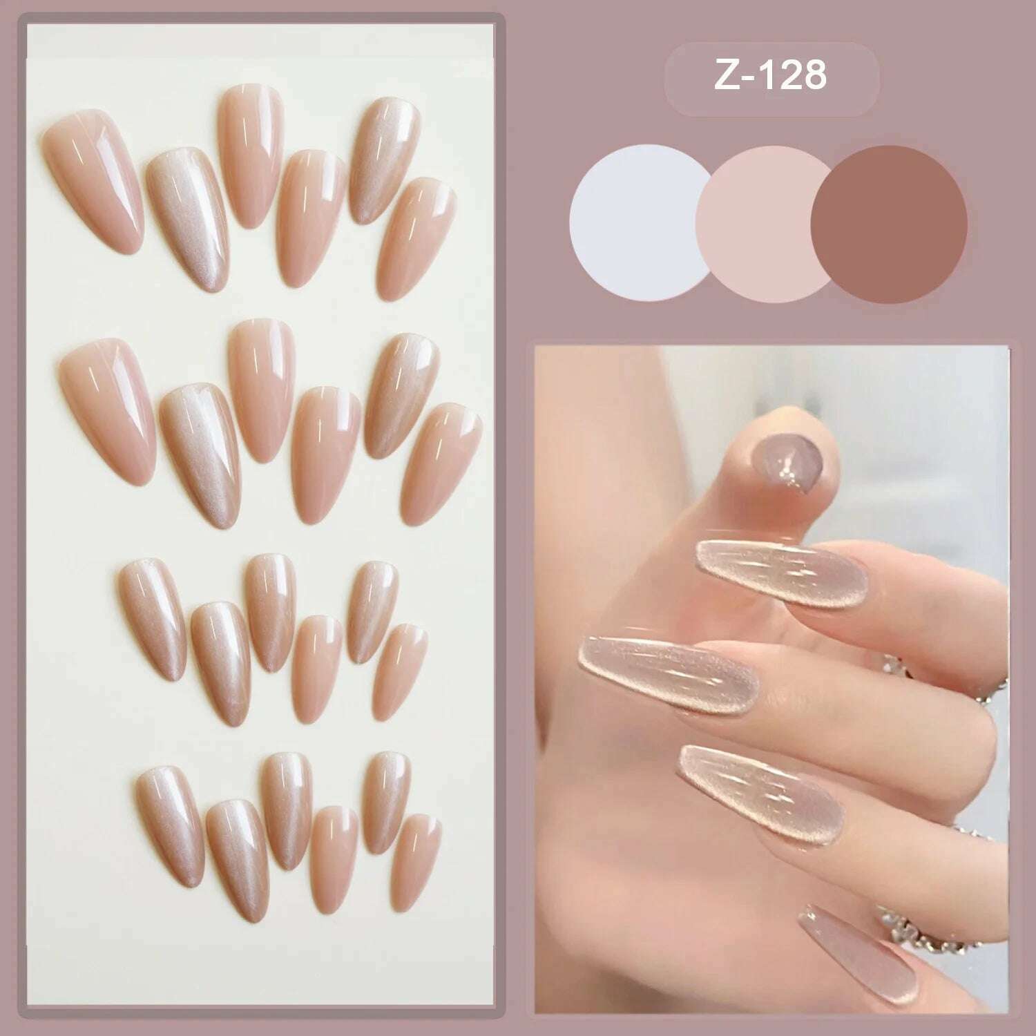24pcs Pink Cat-Eyes Fake Nails Shiny Glitter Sweet Long Coffin False Nail Patch Lady Women Wearable Detchable Artificial Nails - KIMLUD