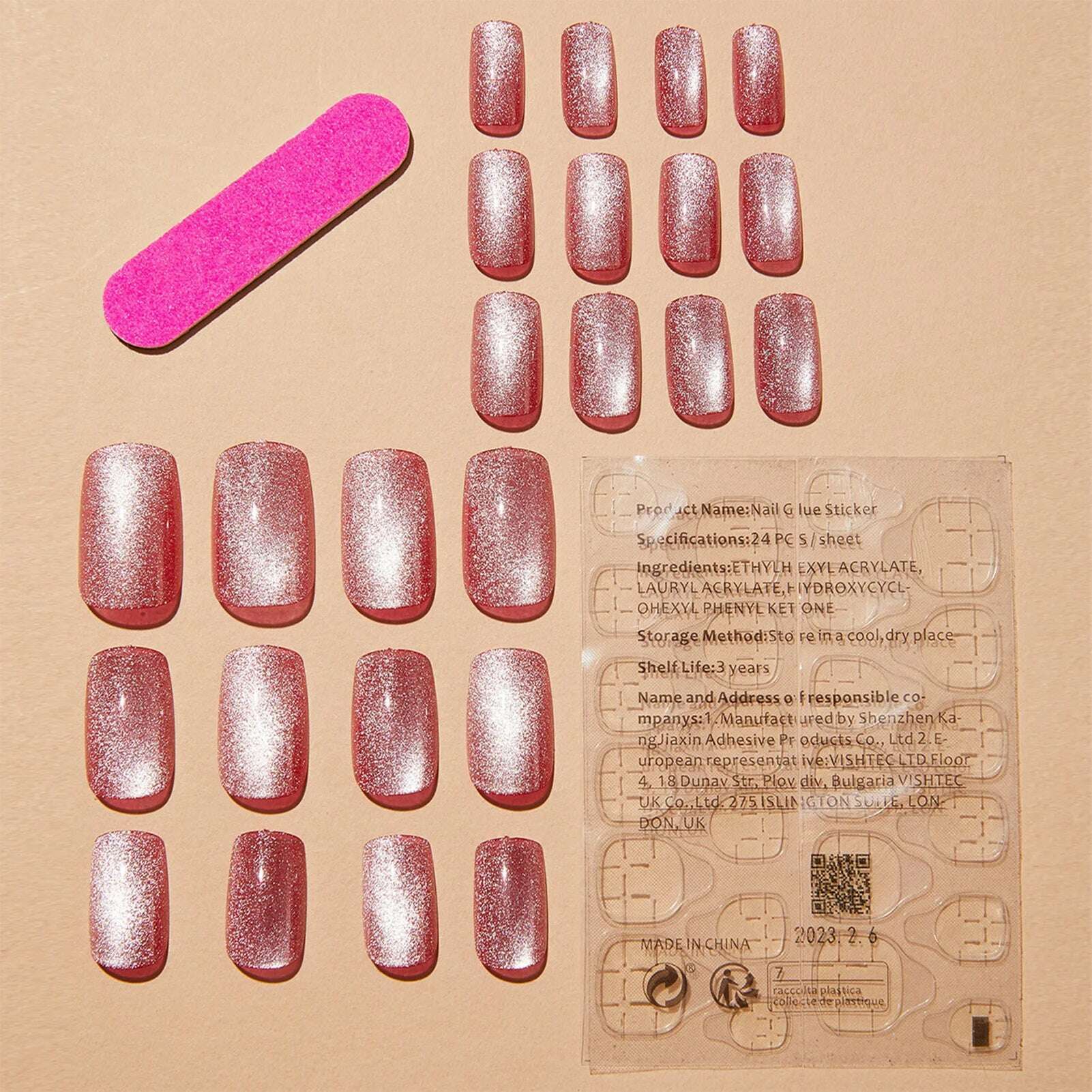 24pcs Pink Shiny Press-on Nails Cat Eye Glitter Artificial Nail Patch For Lady Women Manicure DIY Art Supplies with Jelly Glue - KIMLUD