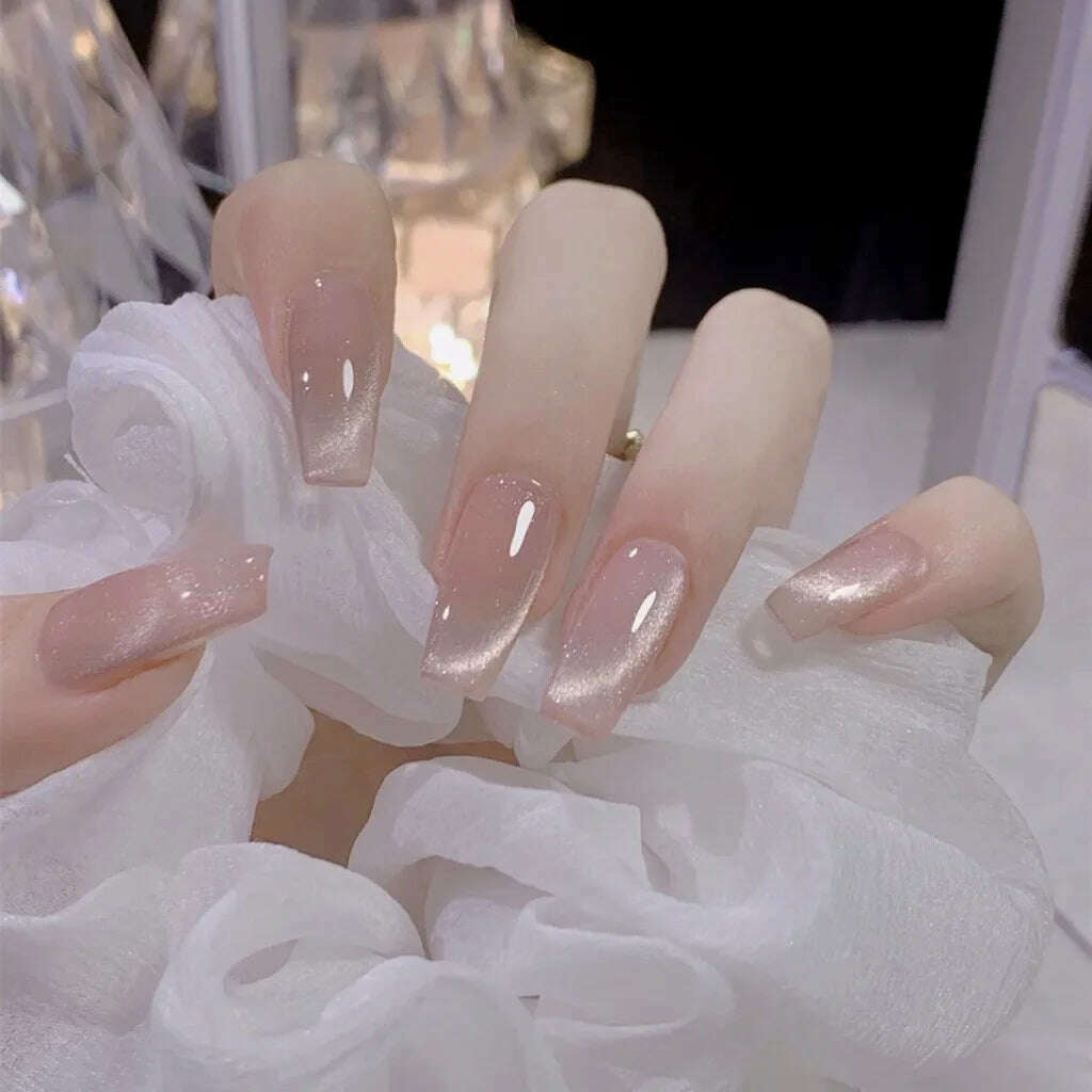 24pcs Pink Shiny Press-on Nails Cat Eye Glitter Artificial Nail Patch For Lady Women Manicure DIY Art Supplies with Jelly Glue - KIMLUD