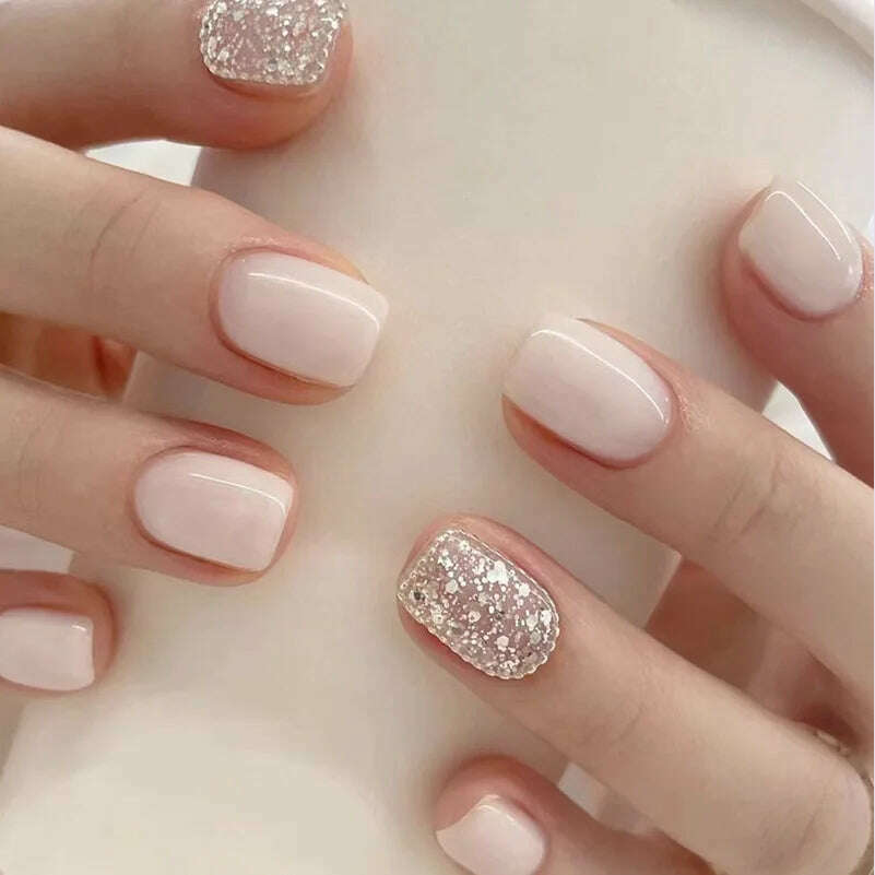 24pcs Short Square False Nails Glitter Flower Wave French Fake Nails Manicure Full Cover Detachable Nail Tips Press on Nails - KIMLUD