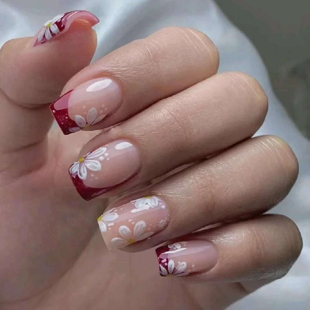 24Pcs Simple Square False Nails Short French Fake Nails Press on Colorful Flowers Design Full Cover Nail Tips Manicure Tools - KIMLUD