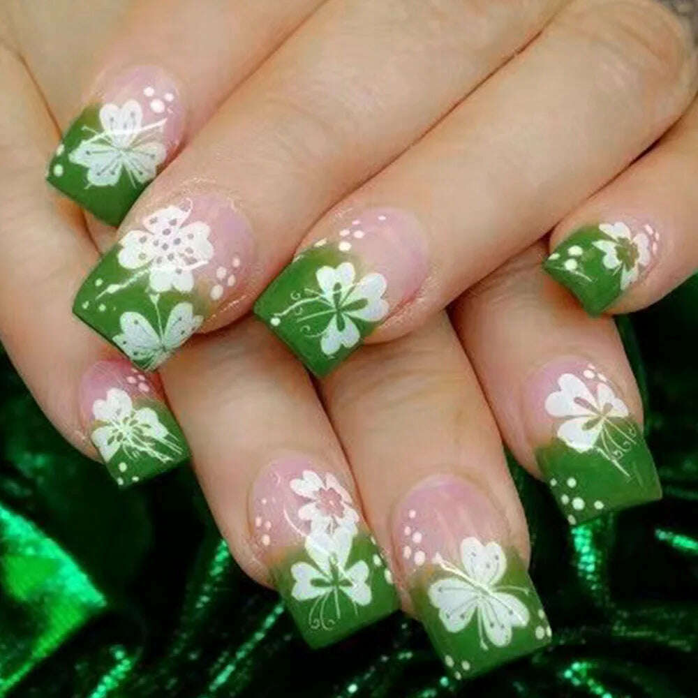 24Pcs Simple Square False Nails Short French Fake Nails Press on Colorful Flowers Design Full Cover Nail Tips Manicure Tools - KIMLUD