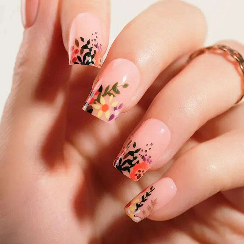 24Pcs Simple Square False Nails Short French Fake Nails Press on Colorful Flowers Design Full Cover Nail Tips Manicure Tools - KIMLUD