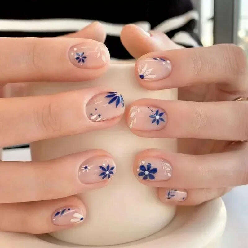 24Pcs Simple Square False Nails Short French Fake Nails Press on Colorful Flowers Design Full Cover Nail Tips Manicure Tools - KIMLUD