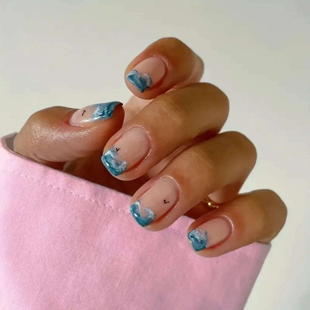 24pcs Square Head Fake Nails Fashion Wearable French Ballet Nails Manicure Butterfly Nail Tips Flash Full Cover Press on Nails - KIMLUD