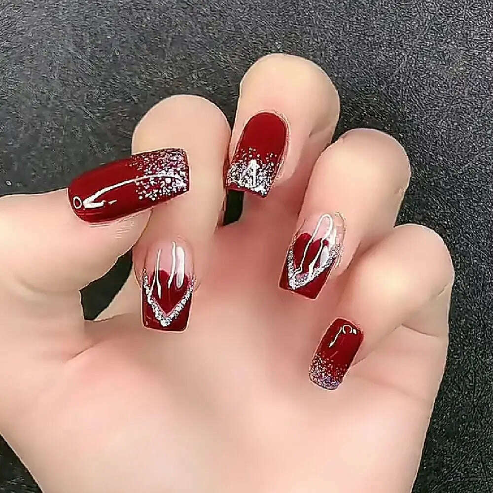 24pcs Square Head Fake Nails Fashion Wearable French Ballet Nails Manicure Butterfly Nail Tips Flash Full Cover Press on Nails - KIMLUD