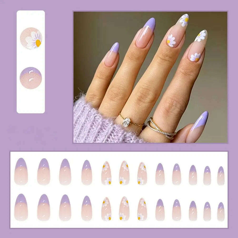 24pcs/Box Ballerina Nail Tip Purple with Design Manicure Patches Fresh Floral Almond False Nails Press on Med Nails Detachable - KIMLUD