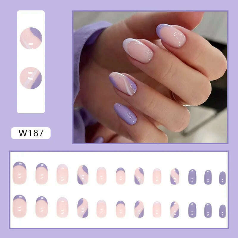 24pcs/Box Ballerina Nail Tip Purple with Design Manicure Patches Fresh Floral Almond False Nails Press on Med Nails Detachable - KIMLUD