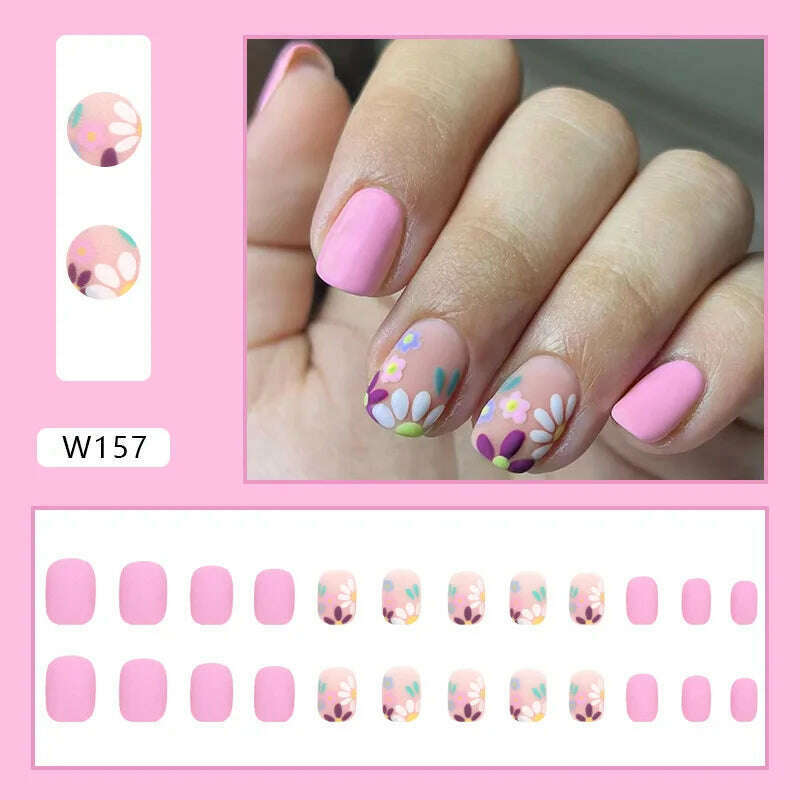 24pcs/Box Ballerina Nail Tip Purple with Design Manicure Patches Fresh Floral Almond False Nails Press on Med Nails Detachable - KIMLUD