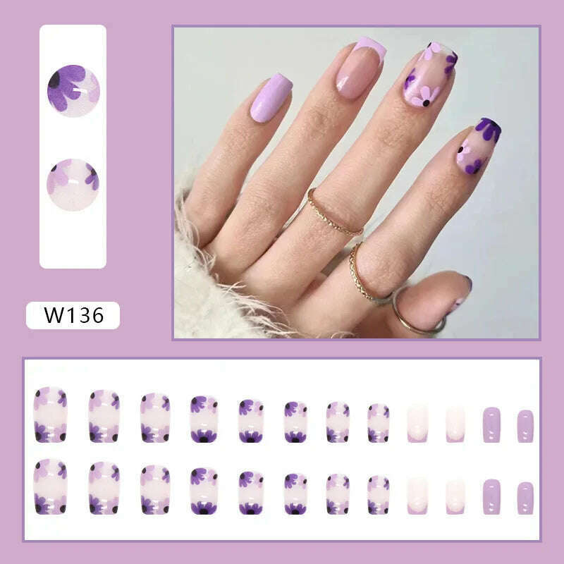 24pcs/Box Ballerina Nail Tip Purple with Design Manicure Patches Fresh Floral Almond False Nails Press on Med Nails Detachable - KIMLUD