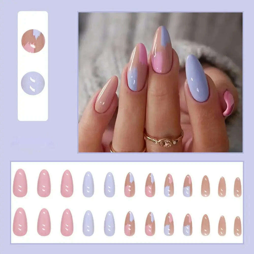 24pcs/Box Ballerina Nail Tip Purple with Design Manicure Patches Fresh Floral Almond False Nails Press on Med Nails Detachable - KIMLUD