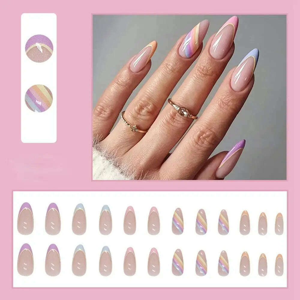24pcs/Box Ballerina Nail Tip Purple with Design Manicure Patches Fresh Floral Almond False Nails Press on Med Nails Detachable - KIMLUD