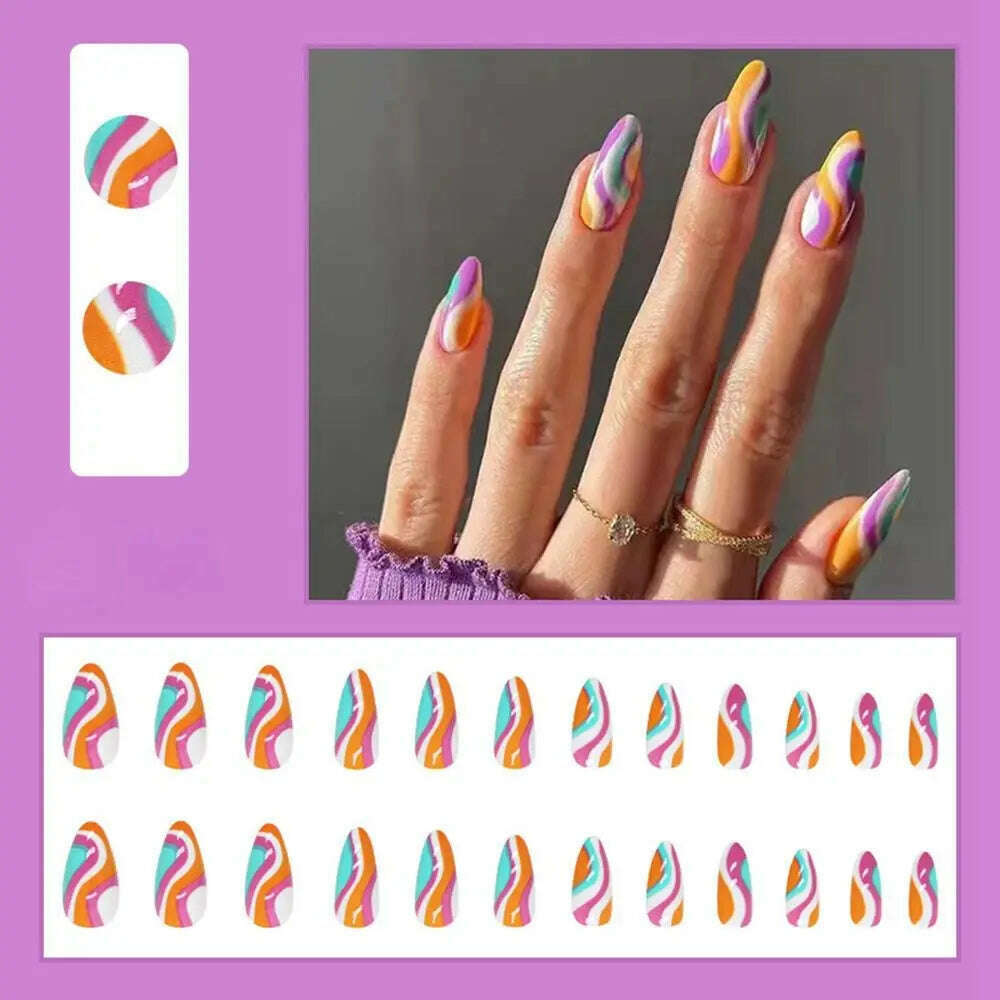 24pcs/Box Ballerina Nail Tip Purple with Design Manicure Patches Fresh Floral Almond False Nails Press on Med Nails Detachable - KIMLUD