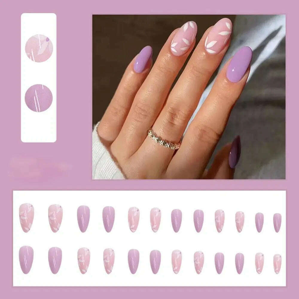 24pcs/Box Ballerina Nail Tip Purple with Design Manicure Patches Fresh Floral Almond False Nails Press on Med Nails Detachable - KIMLUD