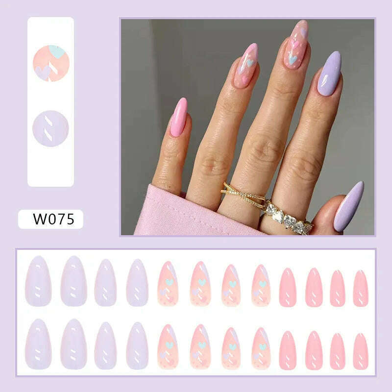 24pcs/Box Ballerina Nail Tip Purple with Design Manicure Patches Fresh Floral Almond False Nails Press on Med Nails Detachable - KIMLUD