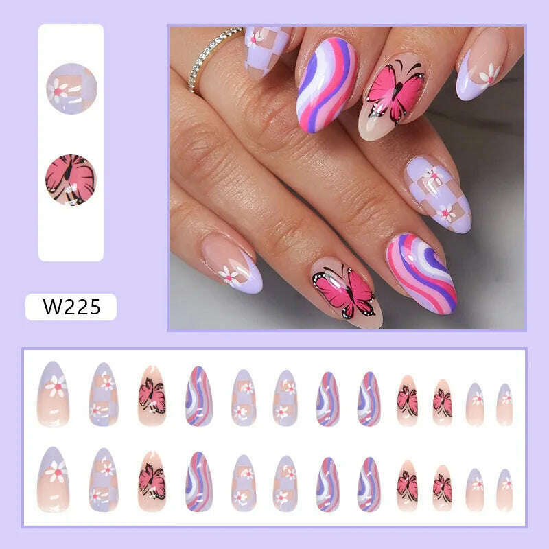 24pcs/Box Ballerina Nail Tip Purple with Design Manicure Patches Fresh Floral Almond False Nails Press on Med Nails Detachable - KIMLUD