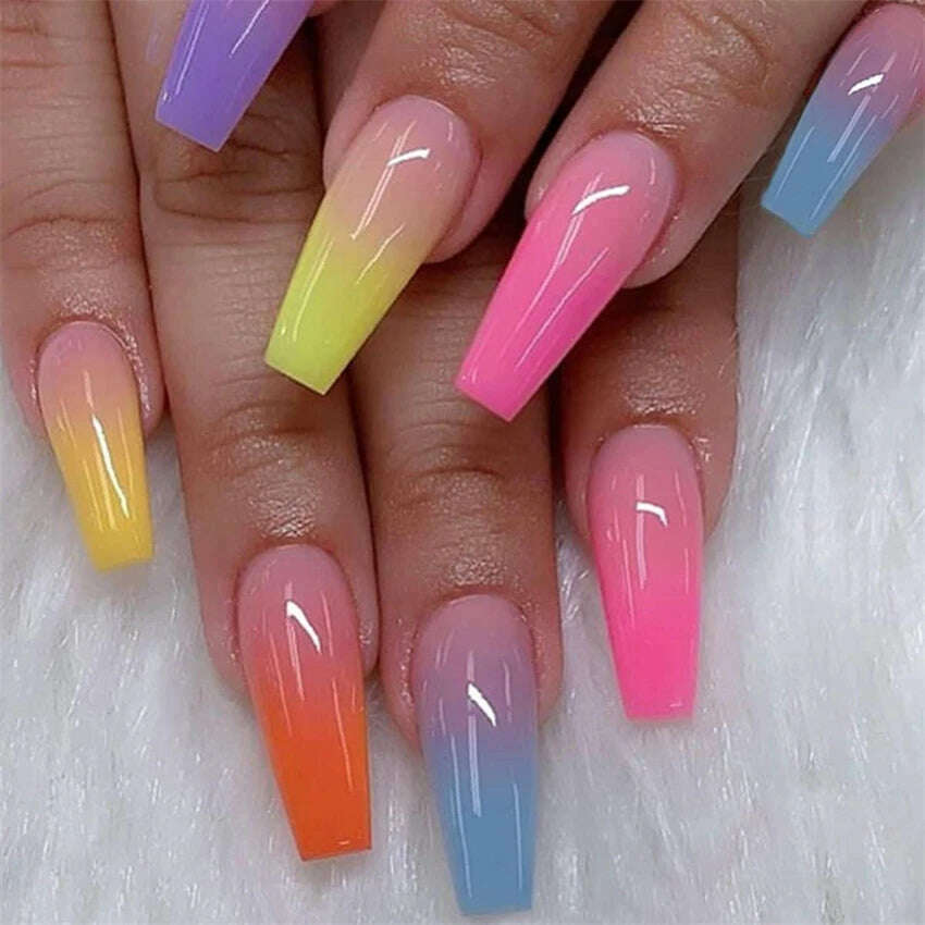 24Pcs/Set Acrylic Long Ballet Press on Nail Tips Coffin Wearing Reusable False Nails Art Colorful Glossy Fake Nails Artificial - KIMLUD