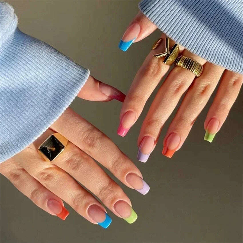 24Pcs/Set Acrylic Long Ballet Press on Nail Tips Coffin Wearing Reusable False Nails Art Colorful Glossy Fake Nails Artificial - KIMLUD