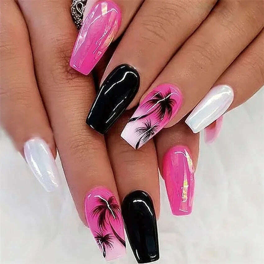 24Pcs/Set Acrylic Long Ballet Press on Nail Tips Coffin Wearing Reusable False Nails Art Colorful Glossy Fake Nails Artificial - KIMLUD