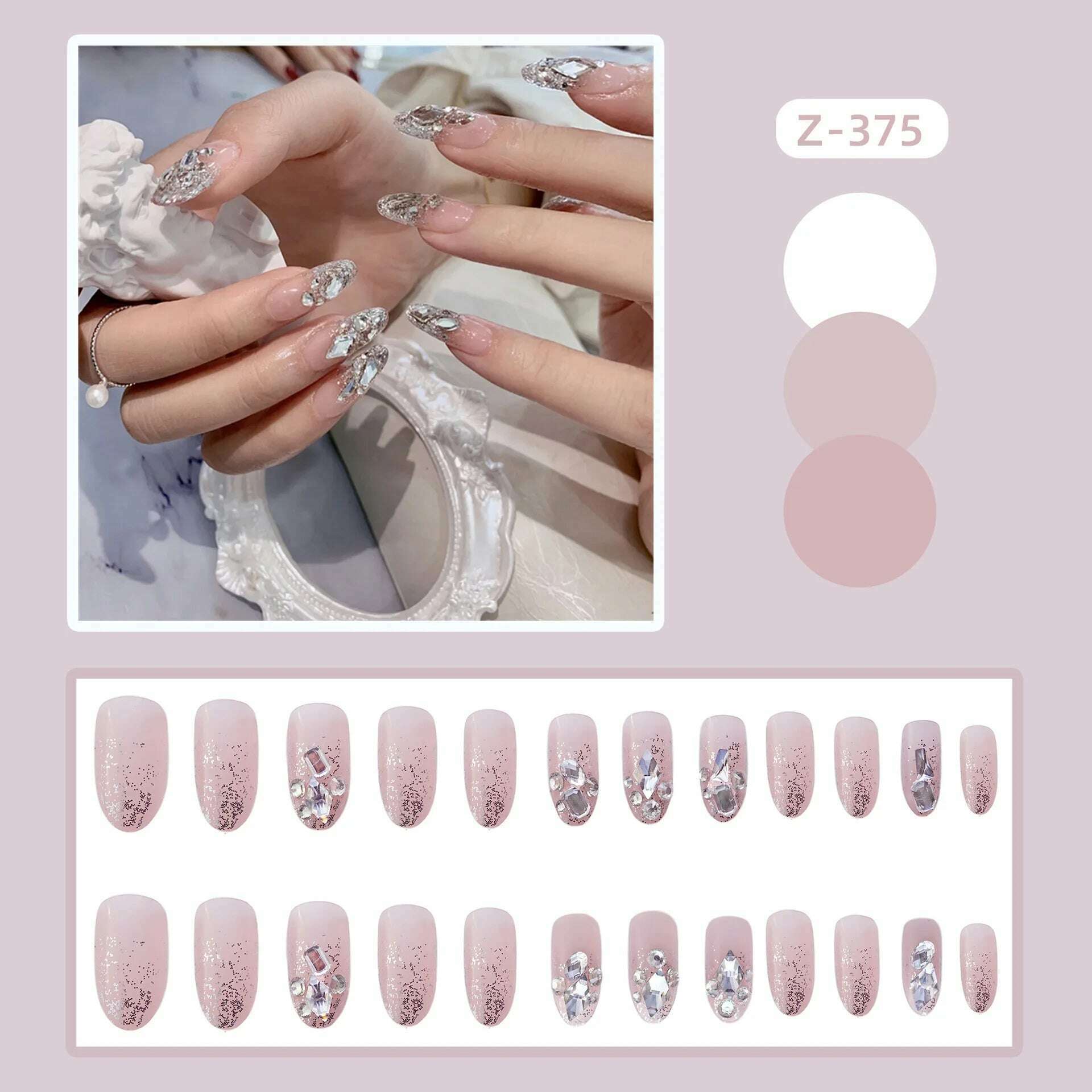 24Pcs/Set Nail Art Fake Nails with Diamonds Pink Silver Glitter Wearing Reusable False Nails Long Ballerina Press on Nail Tips - KIMLUD