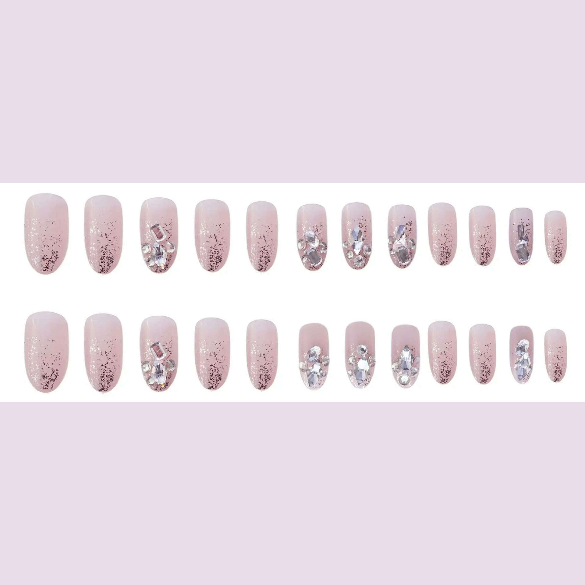 24Pcs/Set Nail Art Fake Nails with Diamonds Pink Silver Glitter Wearing Reusable False Nails Long Ballerina Press on Nail Tips - KIMLUD