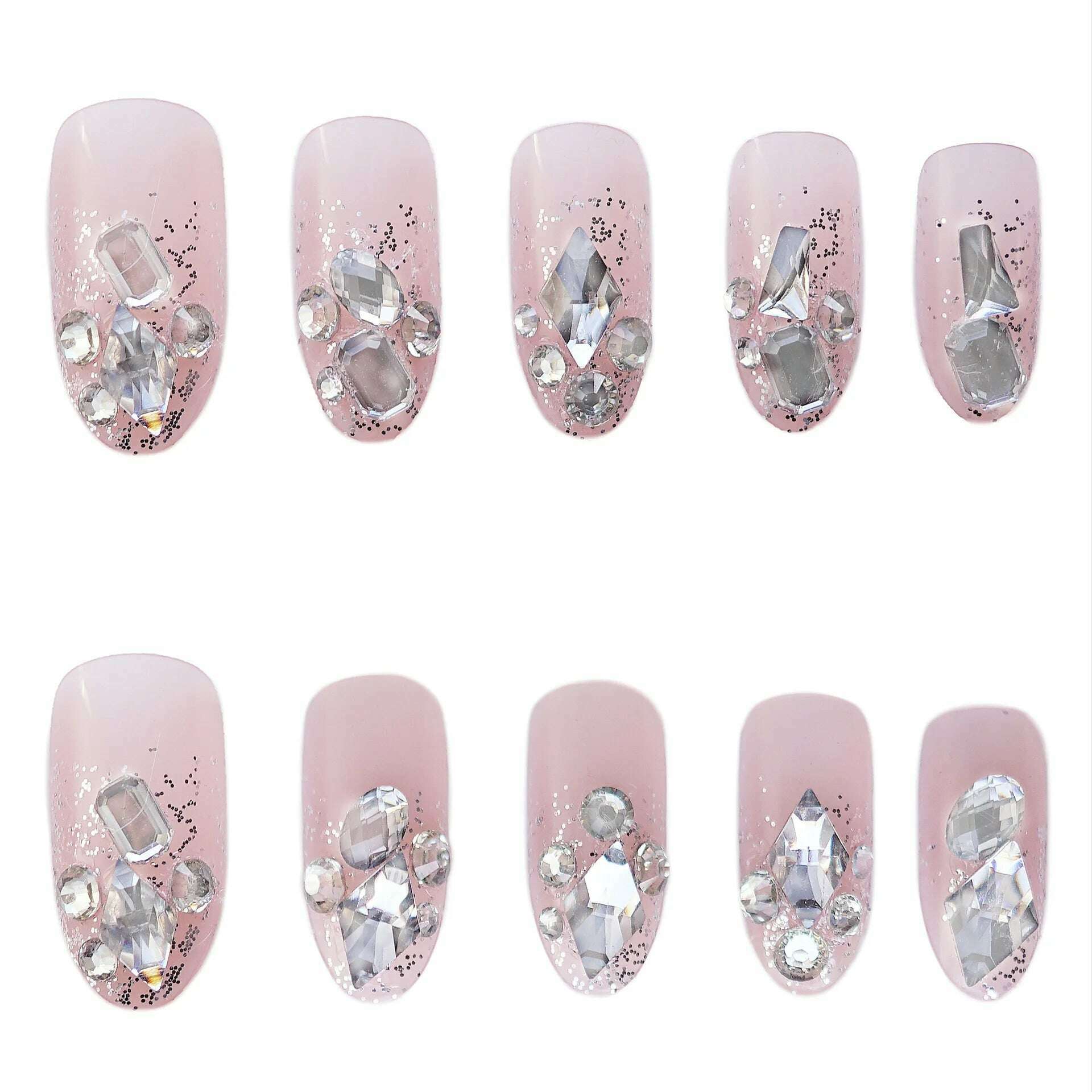 24Pcs/Set Nail Art Fake Nails with Diamonds Pink Silver Glitter Wearing Reusable False Nails Long Ballerina Press on Nail Tips - KIMLUD