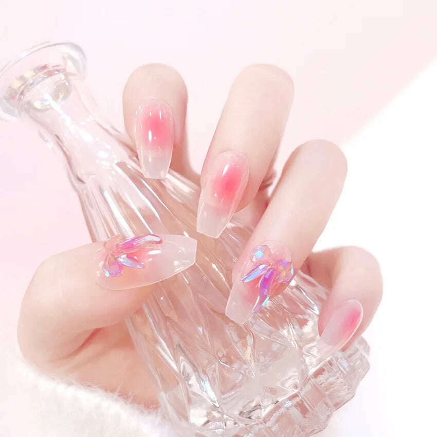 24Pcs/Set Nail Art Fake Nails with Diamonds Pink Silver Glitter Wearing Reusable False Nails Long Ballerina Press on Nail Tips - KIMLUD