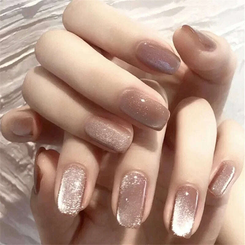 24Pcs/Set Nail Art Fake Nails with Diamonds Pink Silver Glitter Wearing Reusable False Nails Long Ballerina Press on Nail Tips - KIMLUD