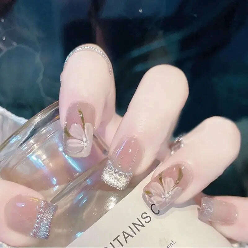 24Pcs/Set Nail Art Fake Nails with Diamonds Pink Silver Glitter Wearing Reusable False Nails Long Ballerina Press on Nail Tips - KIMLUD