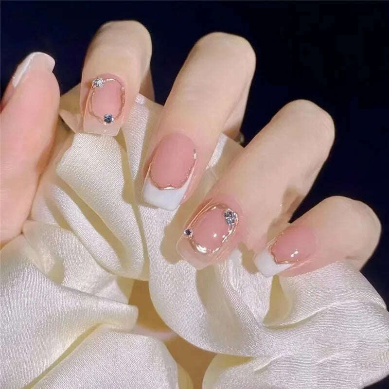 24Pcs/Set Nail Art Fake Nails with Diamonds Pink Silver Glitter Wearing Reusable False Nails Long Ballerina Press on Nail Tips - KIMLUD