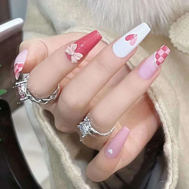 24Pcs/Set Nail Art Fake Nails with Diamonds Pink Silver Glitter Wearing Reusable False Nails Long Ballerina Press on Nail Tips - KIMLUD