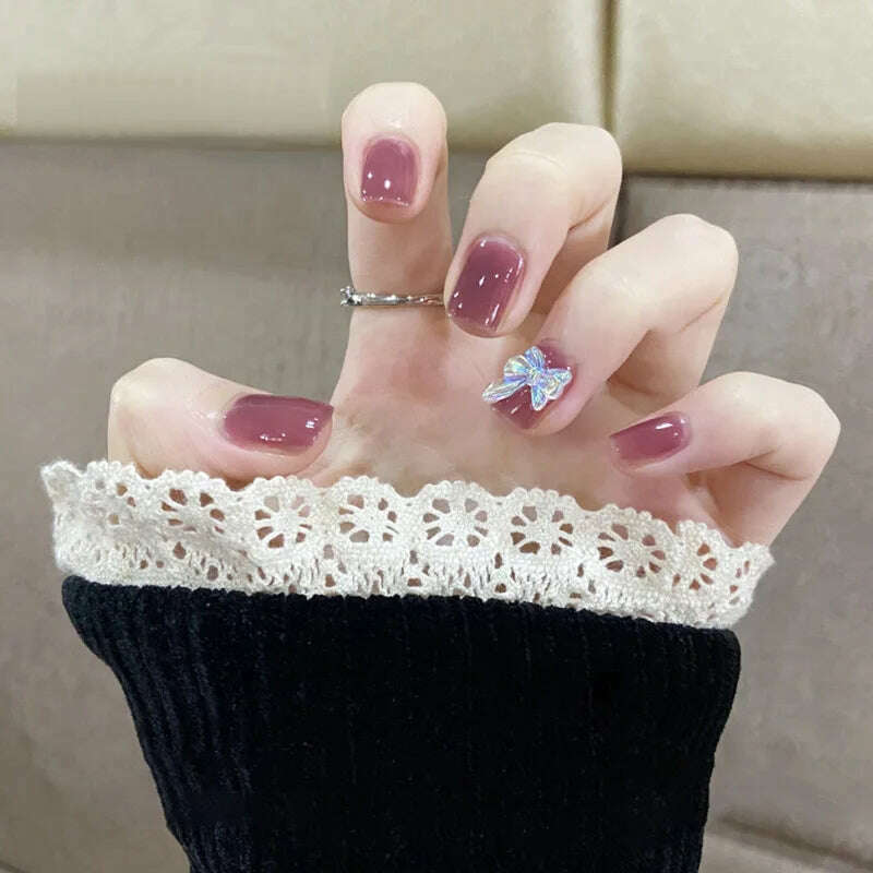 24Pcs/Set Nail Art Fake Nails with Diamonds Pink Silver Glitter Wearing Reusable False Nails Long Ballerina Press on Nail Tips - KIMLUD